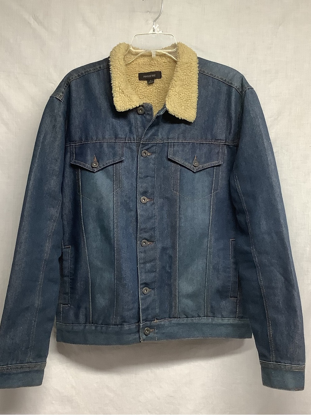 Ring of Fire Men’s Blue Denim Faux Sherpa-Lined Trucker Jacket wCream Collar SzL